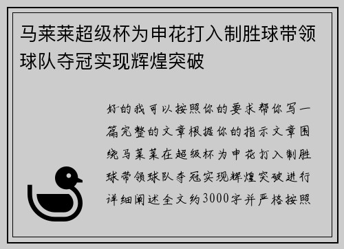 马莱莱超级杯为申花打入制胜球带领球队夺冠实现辉煌突破